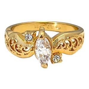 Vintage 1970s Vargas Marquise CZ Ring 18KT Gold Plate Filigree Size 7 - 5T